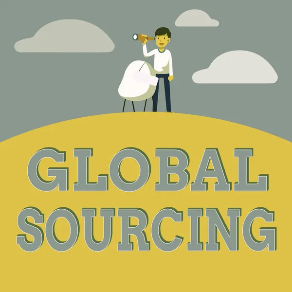 Handschrift tekst Global Sourcing. Business idee praktijk van het betrekken van de wereldwijde markt voor goederen Man verrekijker Illustratie Staande stoel met gebarentaal op zoek kansen. — Stockfoto