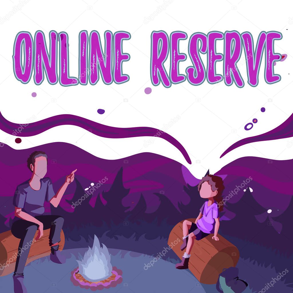 Sign displaying Online Reserve. Concept meaning enables the customers to book by checking availability Father And Daughter Sitting Next To Campfire Enjoying Camping At The Park