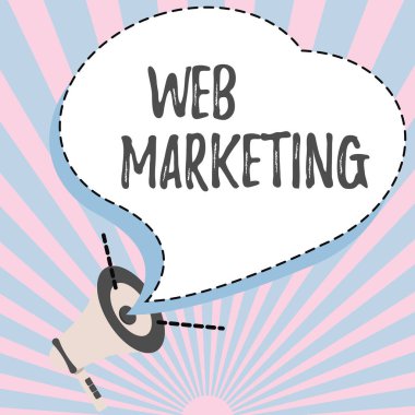 El yazısı tabelası Web Pazarlama. İnternet üzerinden Elektronik Ticareti Reklamcılığı Sözcüğü Çevrimiçi Satıcı İllüstrasyonu Yüksek Sesli Megafon Hoparlörü Yeni Duyurular Yapıyor