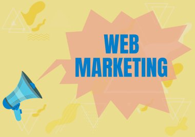 Web Pazarlama 'yı gösteren metin işareti. İnternet Satıcısı Megaphone Çizimi ile Elektronik Ticaret Reklamları Üzerine Yazılan Sözcük Muhabbet Baloncuğu Gösteren Yeni Açıklama.