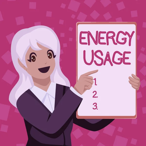 글쓰기 에너지 사용. 사업 아이디어 에너지 소비 또는 에너지 소비 과정 또는 시스템에 사용되는 비즈니스 여성 Drawing Holding Blank White Board Presenting Annountions — 스톡 사진