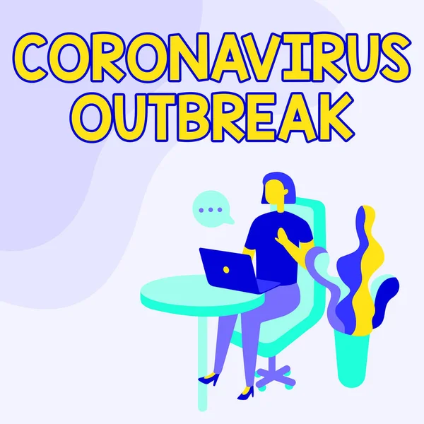 Signo de texto que muestra el brote de Coronavirus. Concepto de negocio enfermedad infecciosa causada por recién descubierto COVID19 Mujer sentada escritorio de la oficina usando el ordenador portátil con la burbuja del habla al lado de la planta. — Foto de Stock