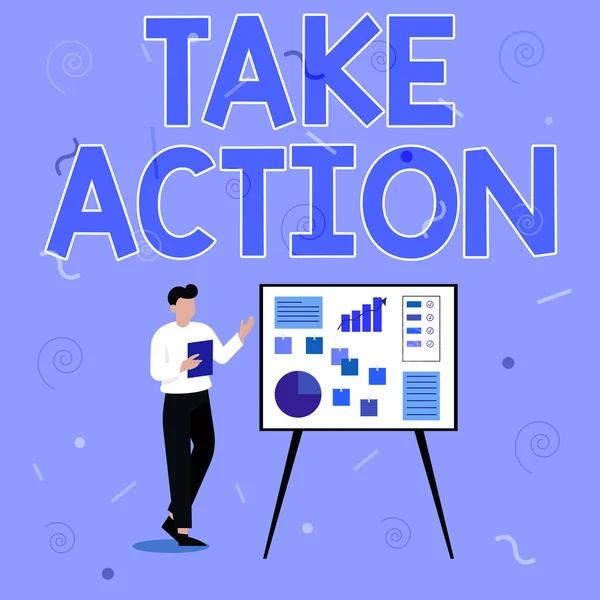 Τίτλος κειμένου που παρουσιάζει το Take Action. Επιχειρηματική επισκόπηση θετική πράξη της λήψης μιας απόφασης για την επίλυση του προβλήματος Επιχειρηματίας Σχέδιο Μόνιμη Παρουσιάζοντας Ιδέες για την επιτυχία τους. — Φωτογραφία Αρχείου