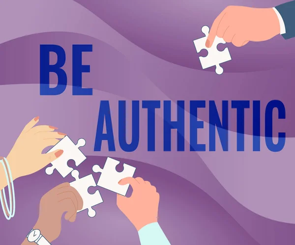 Inspiration showing sign Be Authentic. Word Written on being truth and genuine to oneself without imitating the others Illustration Of Hands Holding Jigsaw Puzzle Pieces Helping Each Others. — Stockfoto