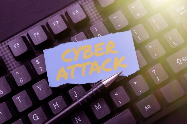 Text sign showing Cyber Attack. Concept meaning An attempt by hackers to Damage Destroy a Computer System Word Processing Program Ideas, Logging Programming Updates Concept — Fotografia de Stock