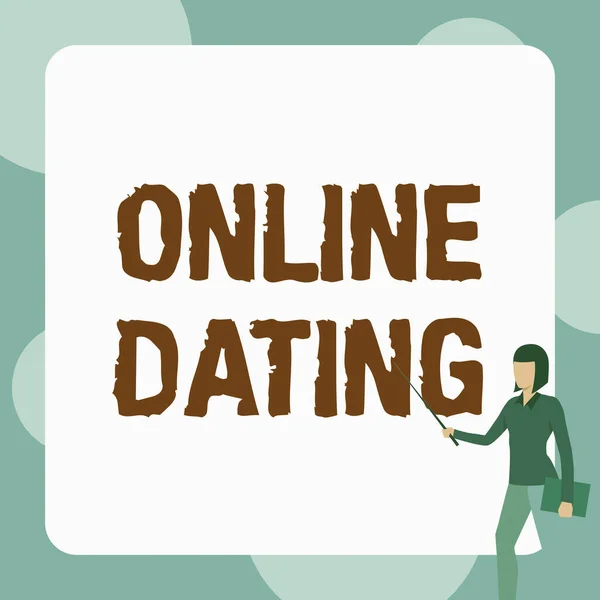 Inspiratie bord tonen Online Dating. Zakelijk concept Zoeken Matching Relaties eDating Video Chatting Lady Staande Holding Notebook Terwijl Pointing Stick In Blanco Whiteboard. — Stockfoto