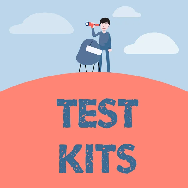 Handwriting text Test Kits. Concept meaning tools used to detect the presence of something in the body Man Binoculars Illustration Standing Chair With Sign Looking Opportunities. — Foto Stock