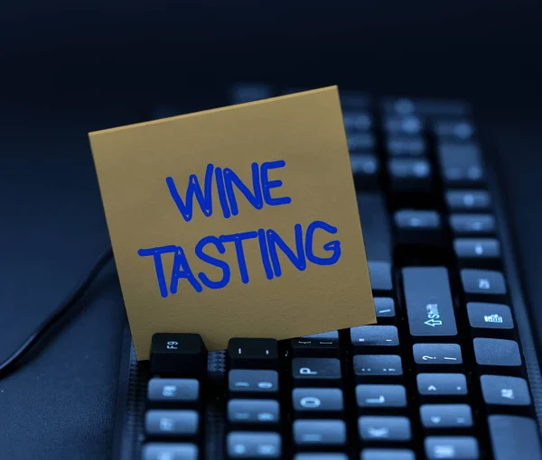 Conceptual caption Wine Tasting. Word for Degustation Alcohol Social gathering Gourmet Winery Drinking Typing Cooking Instructions And Ingredient Lists, Making Online Food Blog — Stockfoto