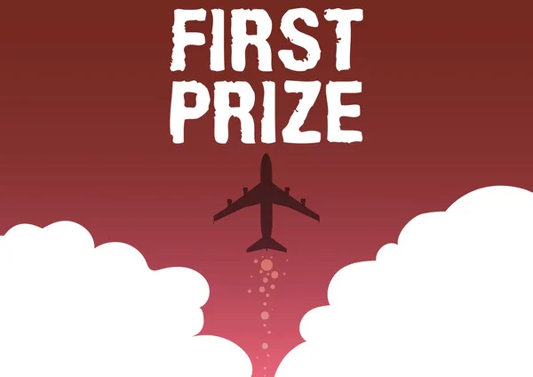 Hand writing sign First Prize. Internet Concept most coveted prize that is only offered to the overall winner Illustration Of Airplane Launching Fast Straight Up To The Skies. — 图库照片