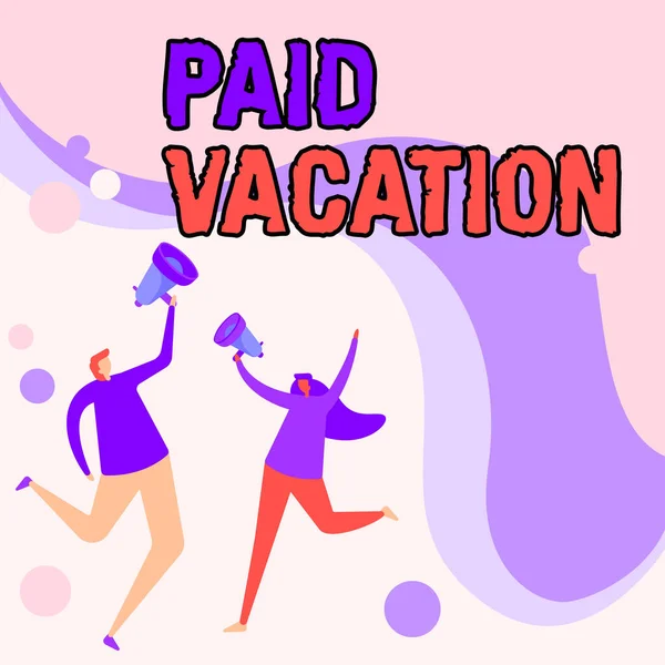 Writing displaying text Paid Vacation. Concept meaning Sabbatical Weekend Off Holiday Time Off Benefits Illustration Of Partners Jumping Around Sharing Thoughts Through Megaphone. — Stockfoto