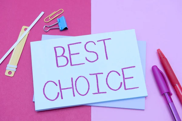 Text caption presenting Best Choice. Business concept defined to be the best option an individual should go for Flashy School Office Supplies, Teaching Learning Collections, Writing Tools, — 图库照片