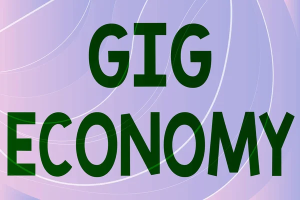 Szöveg felirat bemutatása Gig Economy. Üzleti koncepció egy olyan piaci rendszer, amelyet rövid távú munkahelyek és szerződések különböztetnek meg Vonal Illusztrált hátterek különböző formákkal és színekkel. — Stock Fotó