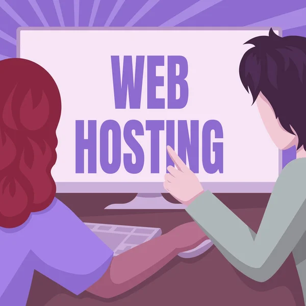 Inspiration showing sign Web Hosting. Word Written on business allowing access to a server to store data in a website Couple Drawing Using Desktop Computer Accomplishing Their Work. — Stockfoto