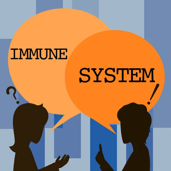 Konceptuell visning Immunsystem. Word Skrivet på komplexa nätverk arbeta tillsammans för att försvara mot bakterier Par Ritning med Chat Cloud prata med varandra dela idéer. — Stockfoto