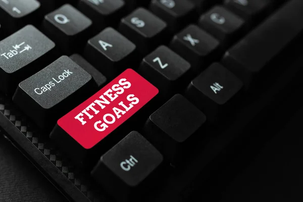 Writing displaying text Fitness Goals. Word for Loose fat Build muscle Getting stronger Conditioning Abstract Transcribing Online Data, Sending And Receiving Emails Globally — Stockfoto