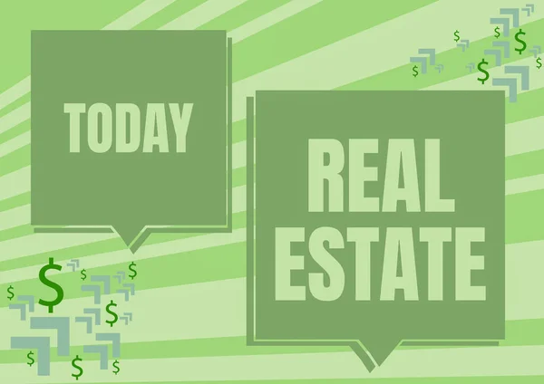 Conceptual caption Real Estate. Business overview total property consisting of both natural resource and building Two Colorful Overlapping Speech Bubble Drawing With Dollar Sign. — Fotografia de Stock