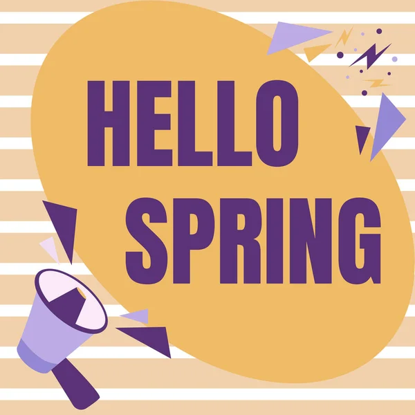 Υπογραφή εμφάνισης Hello Spring. Επιχειρηματική ιδέα Καλωσορίζοντας τη σεζόν μετά το χειμώνα Ανθοφορία λουλουδιών Megaphone Drawing Speaking To Chat Cloud Making Announcement. — Φωτογραφία Αρχείου