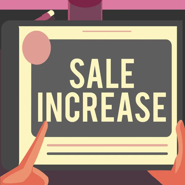 Handwriting text Sale Increase. Business showcase Average Sales Volume has Grown Boost Income from Leads Illustration Of A Hand Using Big Tablet Searching Plans For New Amazing Ideas — Stockfoto