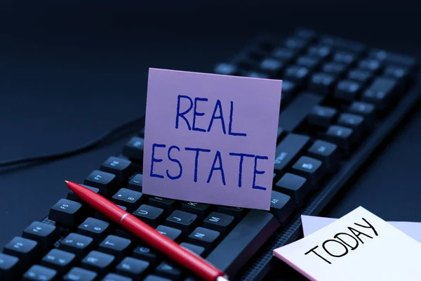 Conceptual caption Real Estate. Conceptual photo total property consisting of both natural resource and building Typing Online Website Informations, Editing And Updating Ebook Contents — Stockfoto