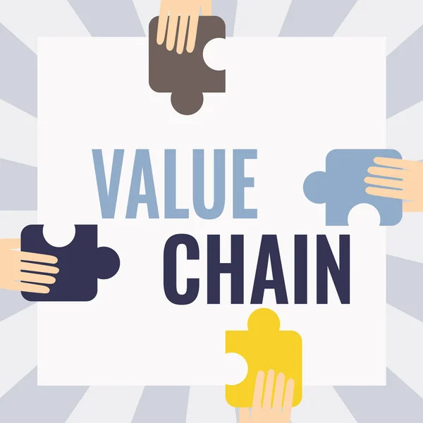 Text sign showing Value Chain. Word Written on set of functional activities making the product more valuable Illustration Of Hands Holding Puzzle Pieces Each Sides Of Box. — Fotografia de Stock