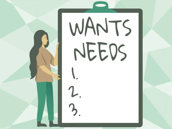 Handwriting text Wants Needs. Concept meaning to have something necessary or desire for the individual to live Woman Drawing Holding A Big Empty Clipboard Showing New Meaning. — Foto Stock