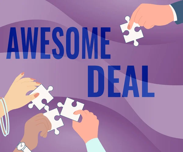 Inspiration showing sign Awesome Deal. Business showcase impressive agreement given to other party for mutual benefit Illustration Of Hands Holding Jigsaw Puzzle Pieces Helping Each Others. — Foto Stock