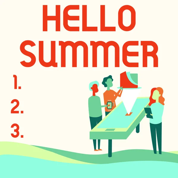 Handwriting text Hello Summer. Business concept Welcoming the warmest season of the year comes after spring Colleagues Drawing Standing Beside Table Projection Graph Chart. — Stockfoto