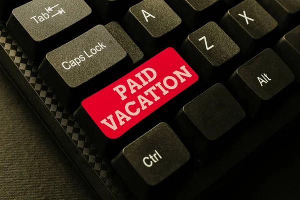Text showing inspiration Paid Vacation. Business idea Sabbatical Weekend Off Holiday Time Off Benefits Abstract Transcribing Online Data, Sending And Receiving Emails Globally — Stockfoto