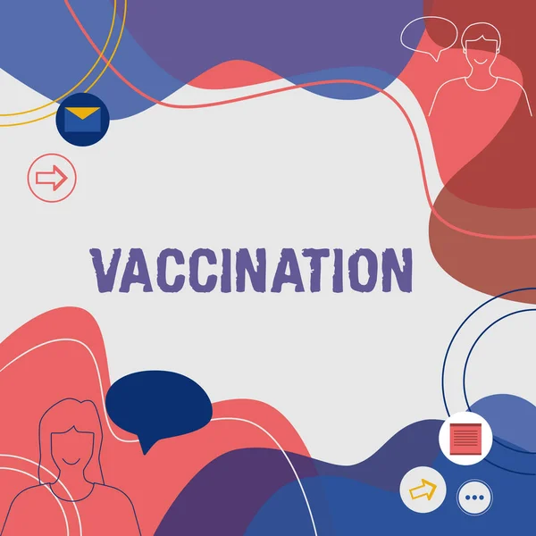 Bildunterschrift: Impfung. Wort über die Behandlung, die den Körper stärker gegen Infektionen macht Illustration Paar spricht in Chatwolke Nachrichten austauschen. — Stockfoto