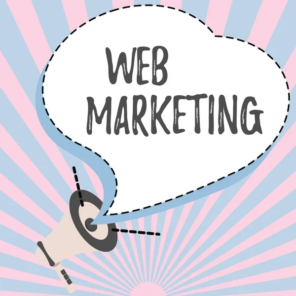 El yazısı tabelası Web Pazarlama. İnternet üzerinden Elektronik Ticareti Reklamcılığı Sözcüğü Çevrimiçi Satıcı İllüstrasyonu Yüksek Sesli Megafon Hoparlörü Yeni Duyurular Yapıyor