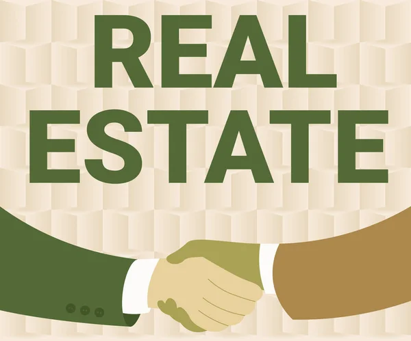 Text sign showing Real Estate. Word Written on total property consisting of both natural resource and building Two Men Drawing With Paper Background Shake Hands Presenting Agreement — Stockfoto