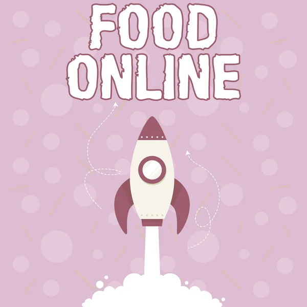 Metin başlığı yiyecek çevrimiçi sunar. Konsept, bir web sitesinde kurulmuş çeşitli yiyecekler anlamına geliyor. Doğrudan mağaza illüstrasyonuyla dağıtılan Roket Gemisi Fırlatılışı Uzaya Hızlıca Gidiyor. — Stok fotoğraf