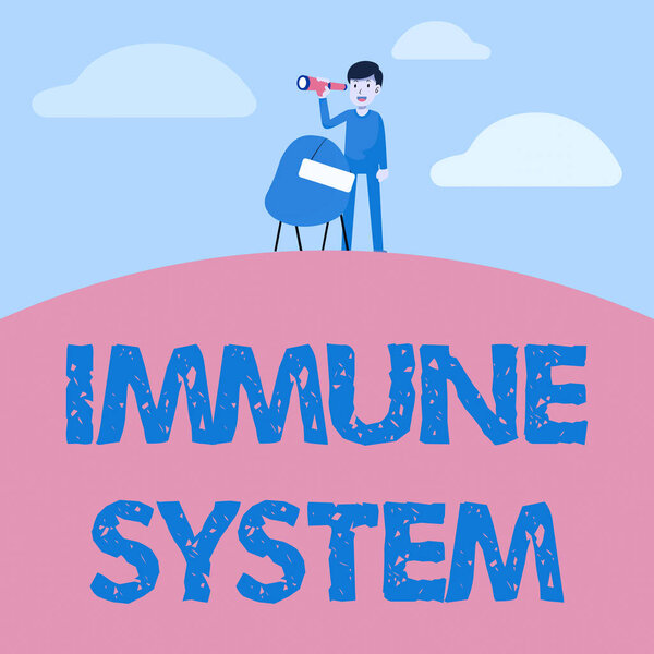 Sign displaying Immune System. Word for Complex network work together to defend against germs Man Binoculars Illustration Standing Chair With Sign Looking Opportunities.