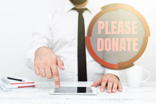 Text sign showing Please Donate. Internet Concept Supply Furnish Hand out Contribute Grant Aid to Charity Presenting Communication Technology Smartphone Voice And Video Calling — Stockfoto