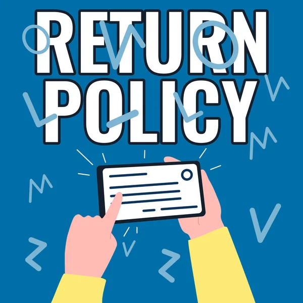Conceptual display Return Policy. Word for Tax Reimbursement Retail Terms and Conditions on Purchase Illustration Of Hand Holding Important Identification Card Pointing It.