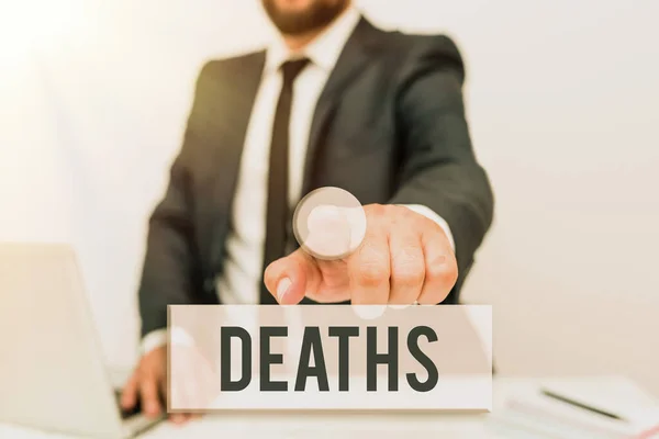 Text sign showing Deaths. Concept meaning permanent cessation of all vital signs, instance of dying individual Remote Office Work Online Presenting Communication Technology — Stockfoto