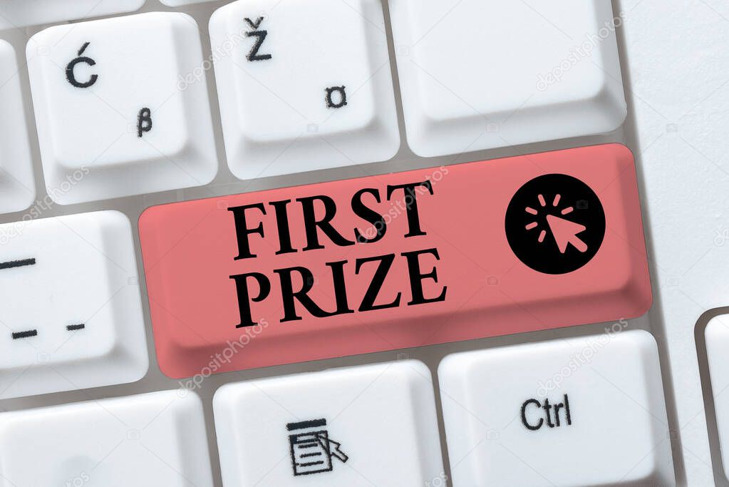 Sign displaying First Prize. Business showcase most coveted prize that is only offered to the overall winner Abstract Programmer Typing Antivirus Codes, Retyping Debug Codes