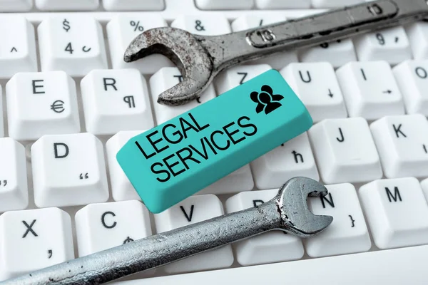 Hand writing sign Legal Services. Business overview Providing access to justice Fair trial Law equality Typing Character Background Story, Creating New Social Media Account — Fotografia de Stock