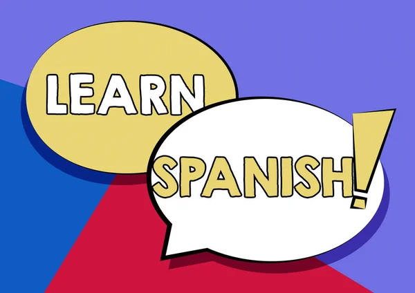 手写符号学习西班牙语。西班牙语词汇方言演讲两个多彩的重叠演讲带感叹号的泡泡图. — 图库照片