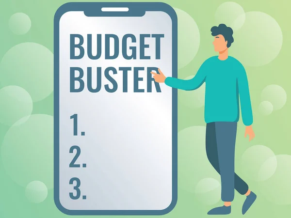 Conceptual display Budget Buster. Business idea Carefree Spending Bargains Unnecessary Purchases Overspending Man Drawing Standing Next To A Large Phone Pointing Out Technologies. — Stockfoto