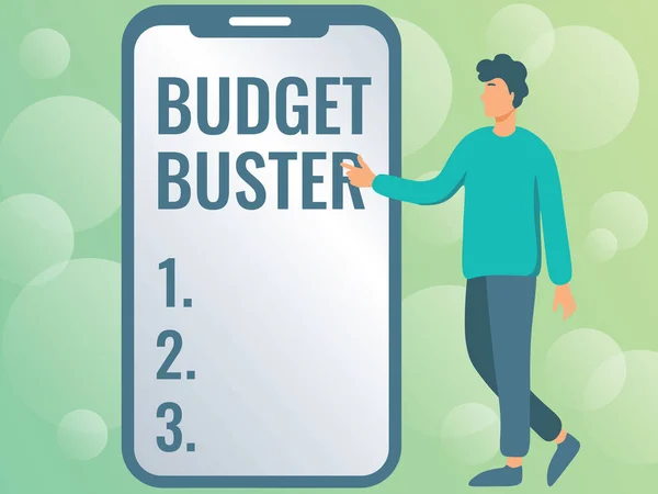 Konzeptionelle Präsentation Budget Buster. Geschäftsidee Sorglosigkeit Ausgaben Schnäppchen Unnötige Einkäufe Überausgaben Mann Zeichnung neben einem großen Telefon weist auf Technologien. — Stockfoto