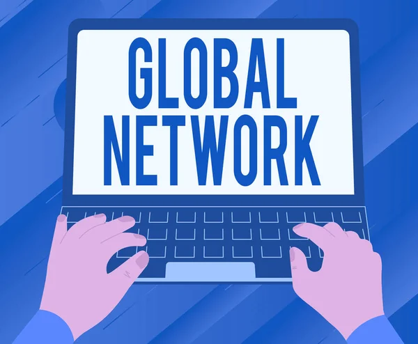 Концептуальный дисплей Global Network. Обзор бизнеса Любая коммуникационная система, которая охватывает всю Землю Иллюстрация Занятой руки, работающей на ноутбуке в поисках идей. — стоковое фото