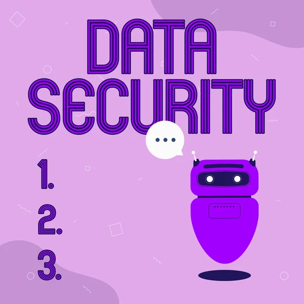 Text showing inspiration Data Security. Word for Confidentiality Disk Encryption Backups Password Shielding Illustration Of Cute Floating Robot Telling Information In A Chat Cloud. — 图库照片