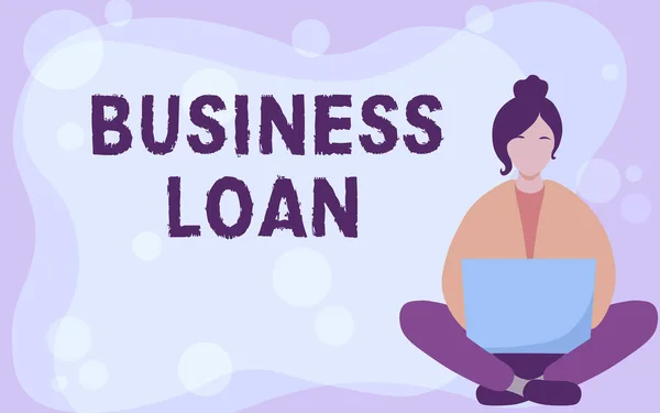Text sign showing Business Loan. Conceptual photo Credit Mortgage Financial Assistance Cash Advances Debt Young Lady Sitting With Crossed Legs While Using Laptop Showing Relaxation. — Foto Stock