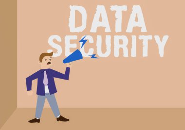 Veri Güvenliği 'ne ilham veren metin. Gizlilik Diski Şifreleme Yedekleri Parola Koruyucu Adam Megafonun Üzerinde Bağrışarak Yeni Duyuruyu Sunar.