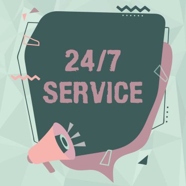 Mesaj işareti 24 ya da 7 Servisi gösteriyor. İş vitrinleri her zaman kesintisiz olarak çalışır. Megafon çizimi Chat Cloud 'a yeni bir duyuru yapıyor..