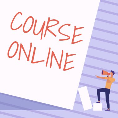 Çevrimiçi Kavramsal Görünüm Rotası. İş yaklaşımı eearning Electronic Education Uzaktan Çalışma Dijital Sınıf Erkeği Bekleyen Tutucu Megafonu Boş Duvarı Gösteriyor.