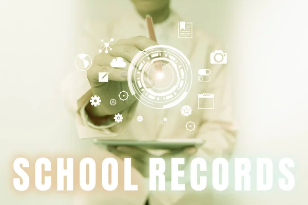 Sign displaying School Records. Word for Information that is kept about a child at school Biography Business Woman Touching Digital Data On Holographic Screen Interface. — Stockfoto
