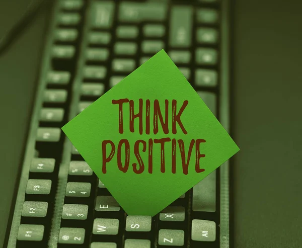 Conceptual caption Think Positive. Business concept The tendency to be positive or optimistic in attitude Practicing Speed Typing Accuracy, Testing Typewriting Knowledge — Stockfoto