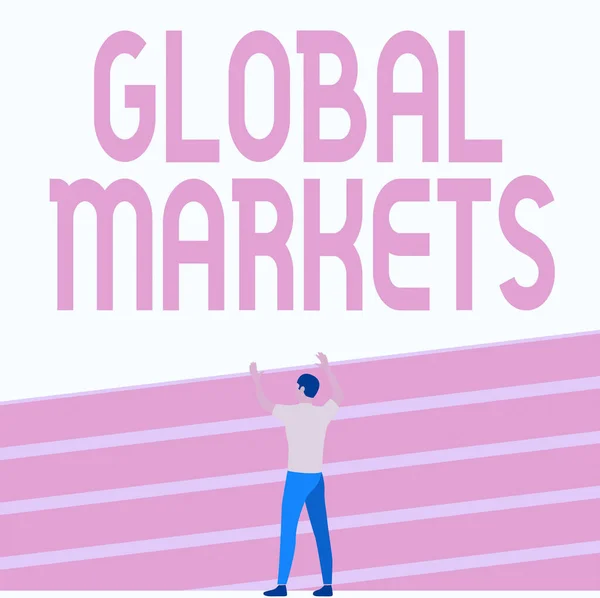 Señal que muestra los mercados globales. Word Written on Trading goods and services in all the countries of the world Athletic Man Standing On Track Field Raising Both Hand Showing Celebration. — Foto de Stock